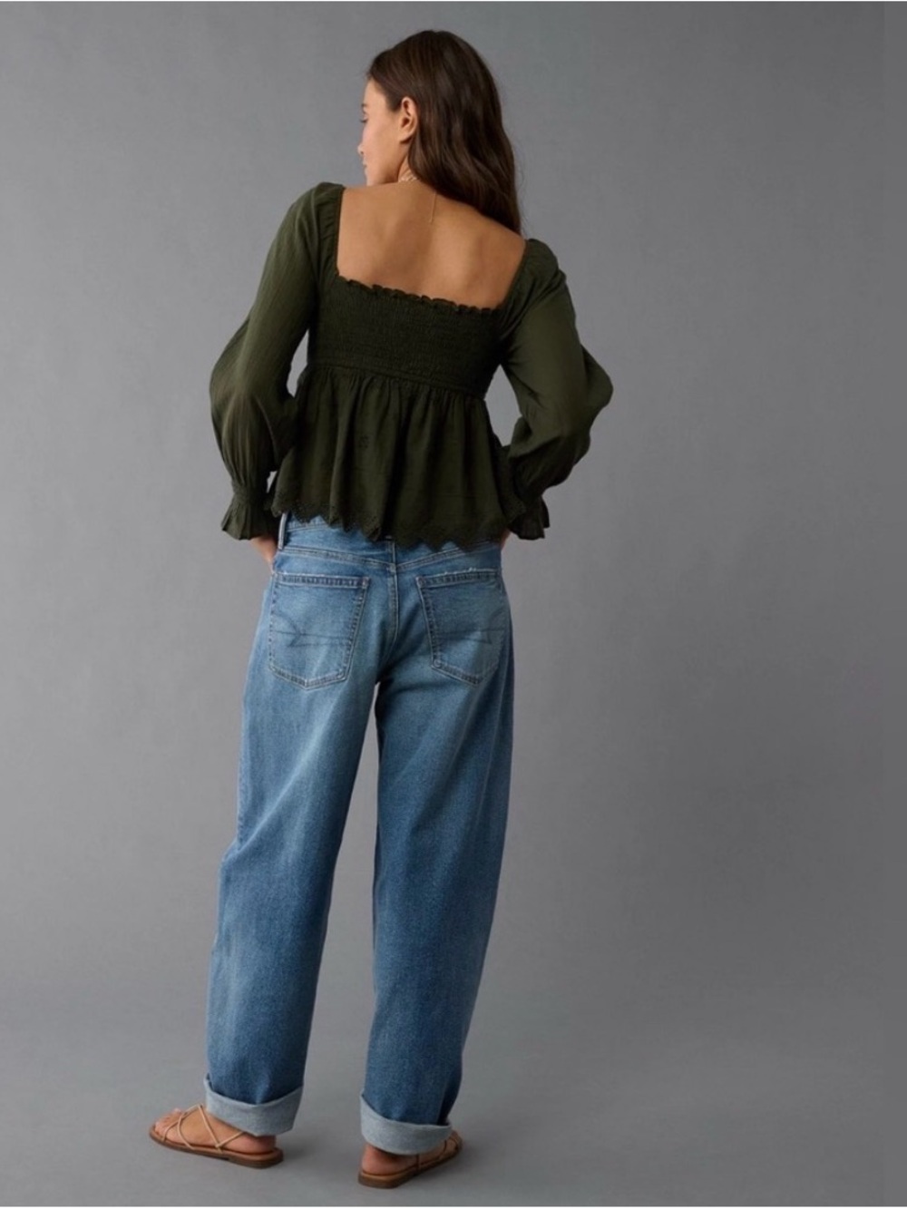 American Eagle Outfitters Olive Smocked Peplum Long-Sleeve Top - Women - Picture 4 of 12